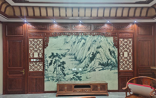 乐东中式仿古别墅客厅背景墙花格木作装饰